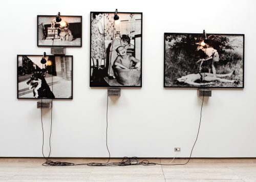 Artist: Christian Boltanski 
Title: Dog in the street (4 works in install shot)          1991