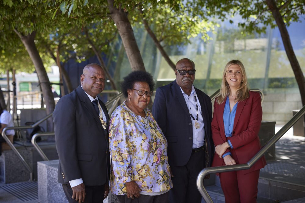Isabelle Reinecke, Uncle Pabai, Uncle Paul, Aunty McRose outside Federal Court in Melbourne. Photo by Catherine Black.